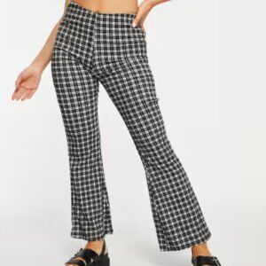 New Look Plaid Flare Leg Pants 8 Petite Black Stretch Pull On Style